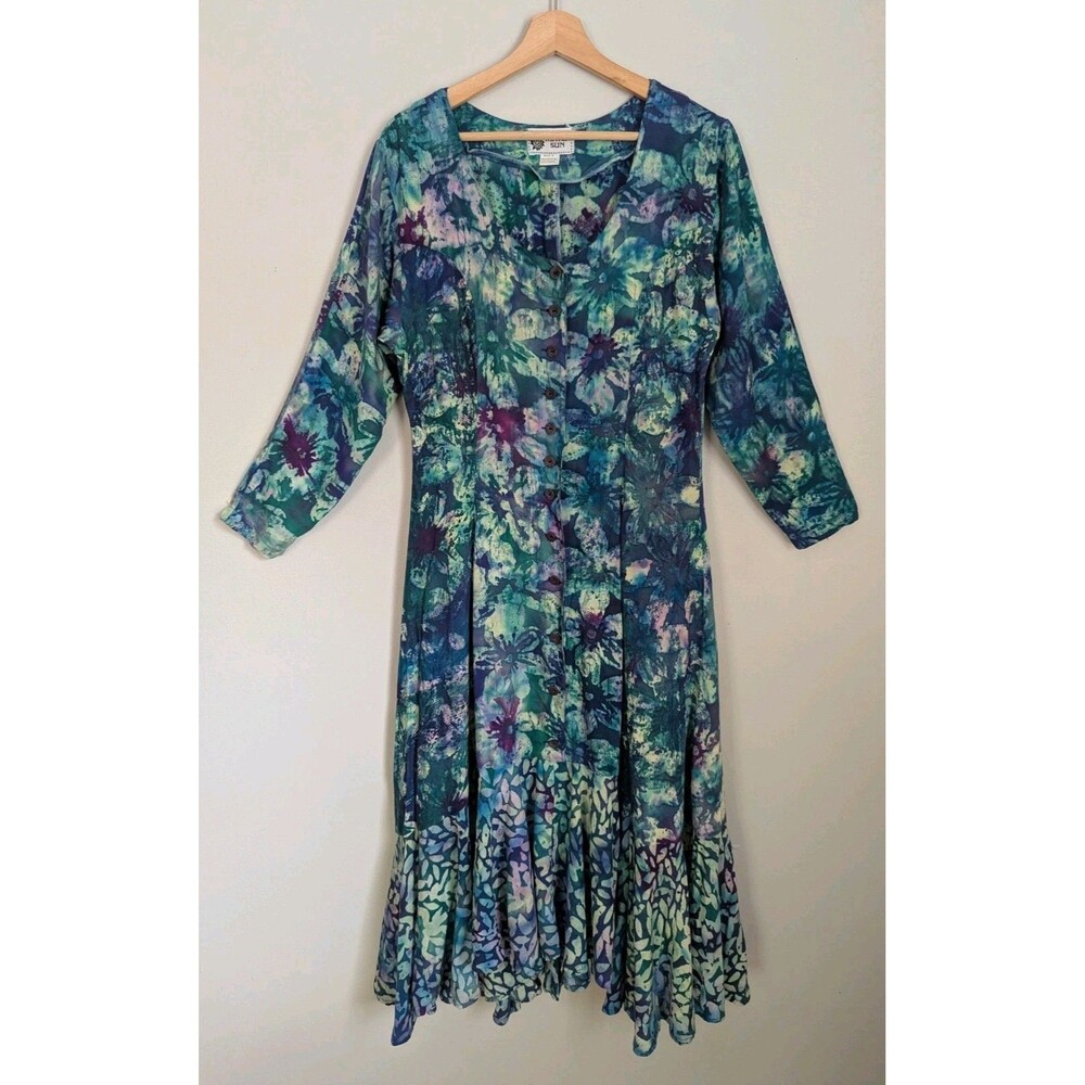 Winter Sun Art to Wear Batik Tie Dye Dress M L Boho Hippy Green Purple Fit Flare